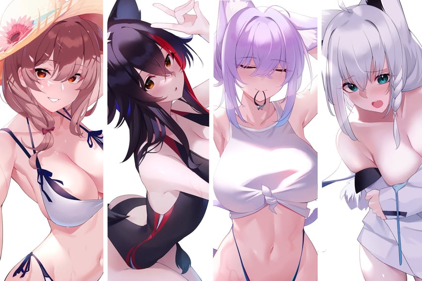 shirakami fubuki, nekomata okayu, ookami mio, and inugami korone (hololive) drawn by kaneko_(bblogtinhan)