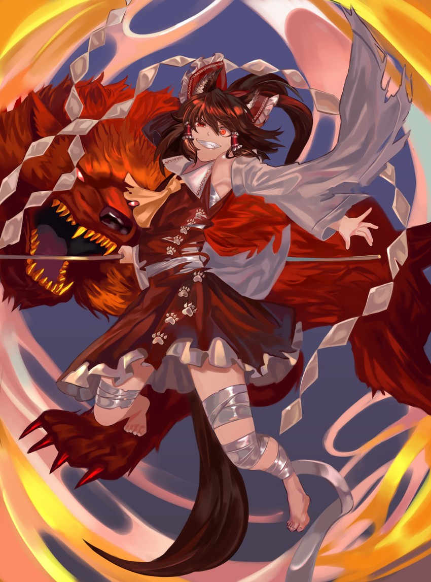 hakurei reimu and wolf spirit (touhou and 1 more) drawn by maka_(maka04021)