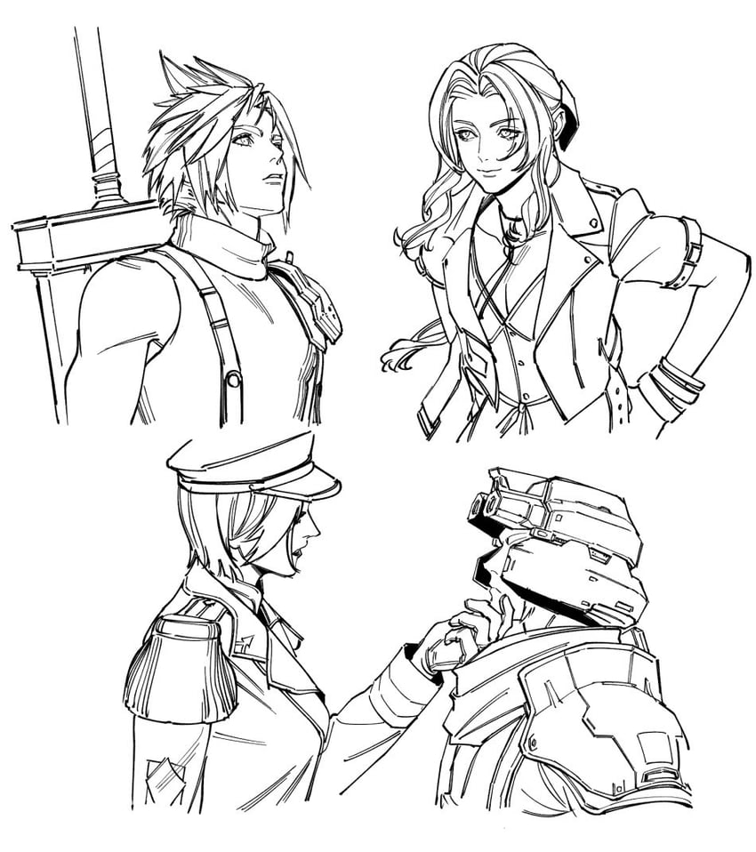 cloud strife, aerith gainsborough, and seventh infantry commander (final fantasy and 3 more) drawn by oimo_(oimkimn)
