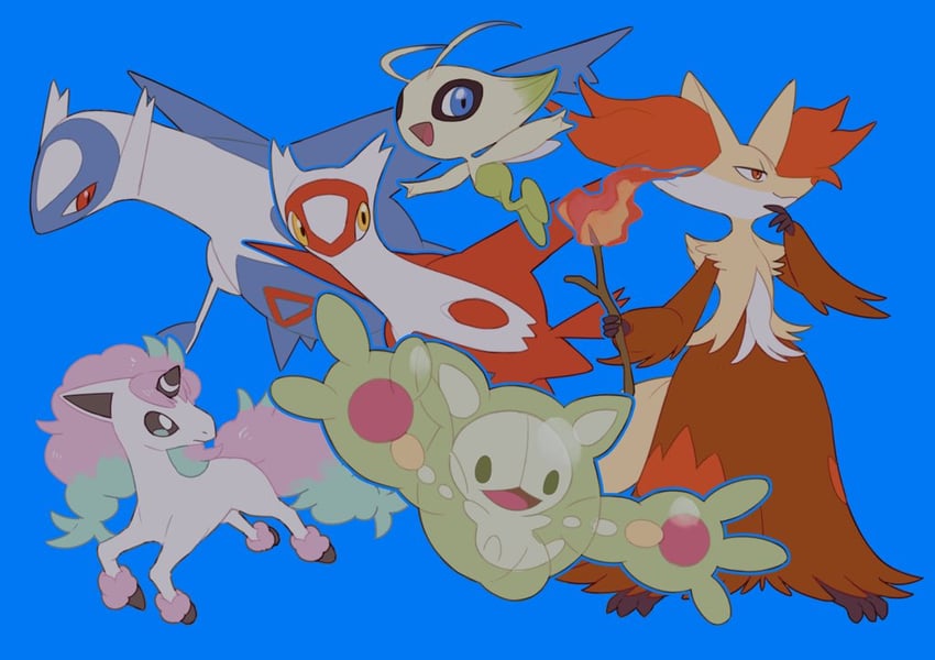 latias, latios, celebi, delphox, reuniclus, and 1 more (pokemon) drawn by v_(govvvvw)