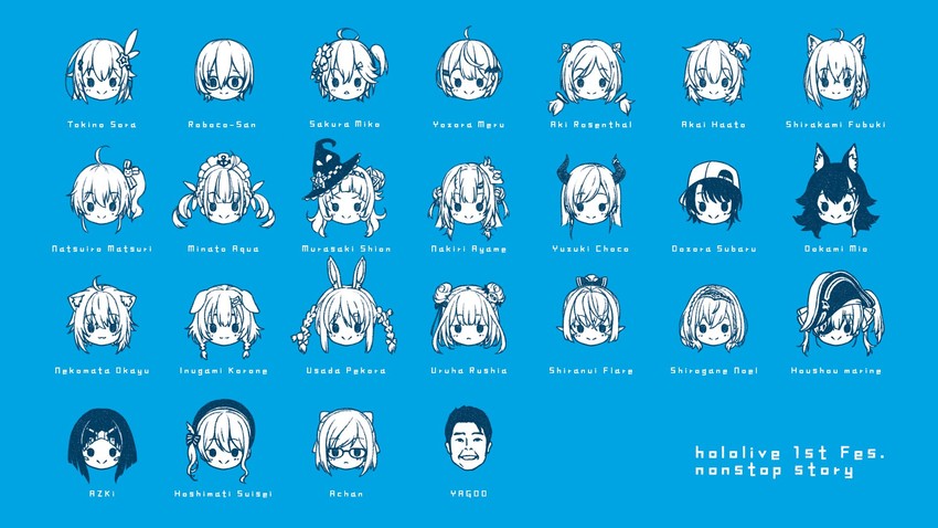 houshou marine, shirakami fubuki, hoshimachi suisei, usada pekora, nekomata okayu, and 20 more (hololive) drawn by kanzaki_hiro