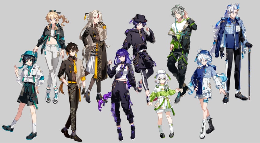 raiden shogun, scaramouche, furina, nahida, zhongli, and 5 more (genshin impact) drawn by grape_(grapedraws)