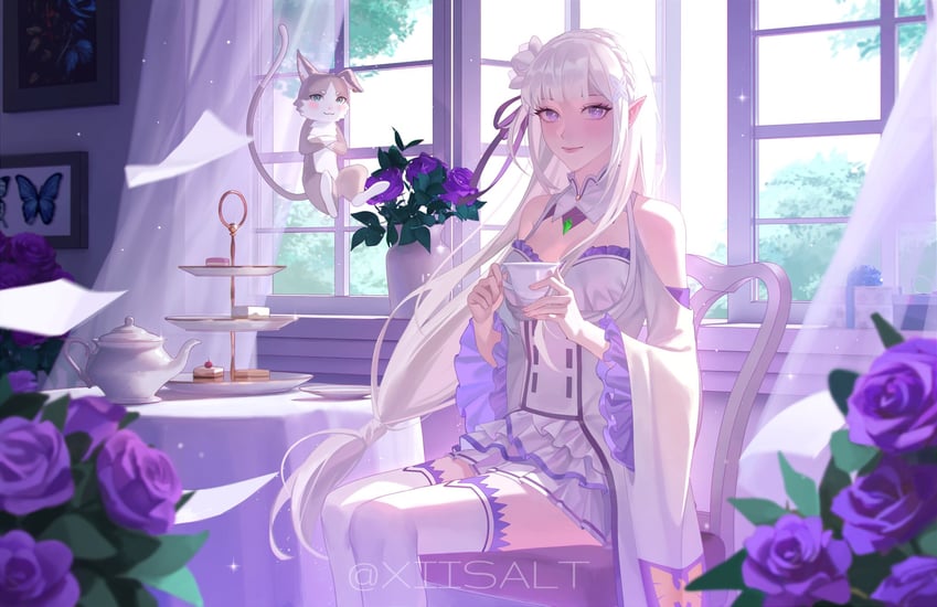 emilia and puck (re:zero kara hajimeru isekai seikatsu) drawn by xiisalt