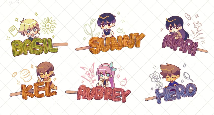 sunny, basil, aubrey, kel, mari, and 1 more (omori) drawn by genk1zam4s