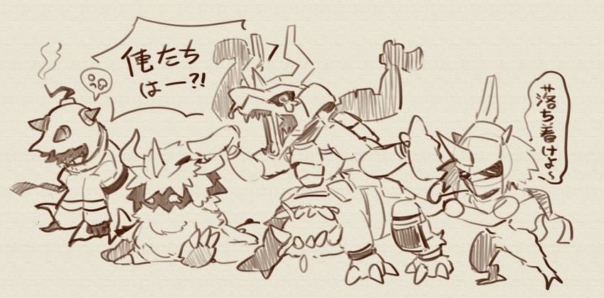 fumamon, ghilliedhumon, zanmetsumon, and bombermon (digimon) drawn by 765_nanami
