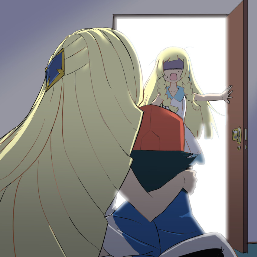 lillie, ash ketchum, and lusamine (pokemon and 1 more) drawn by mushi_gyouza