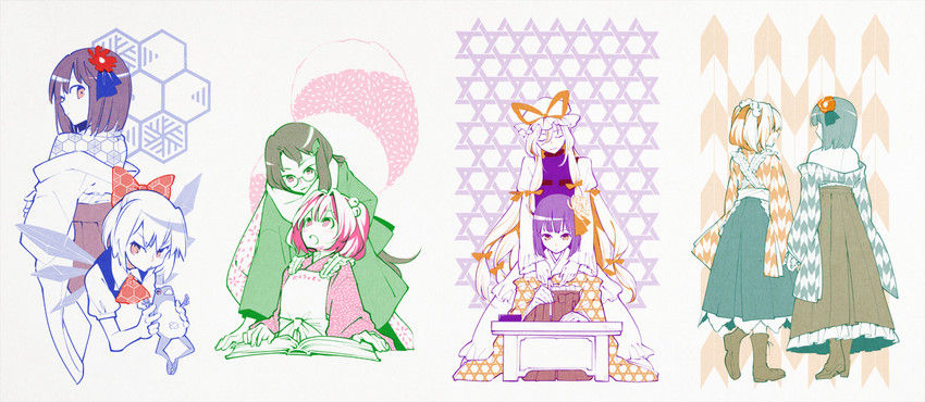 cirno, yakumo yukari, hieda no akyuu, futatsuiwa mamizou, and motoori kosuzu (touhou) drawn by nakatani_nio