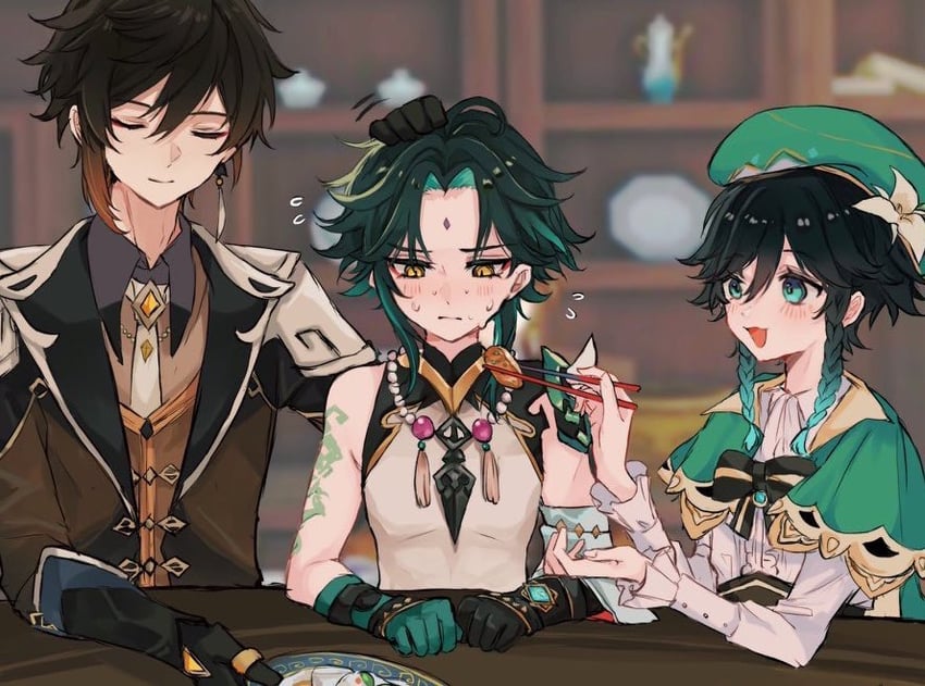 zhongli, venti, and xiao (genshin impact) drawn by nene_chiru