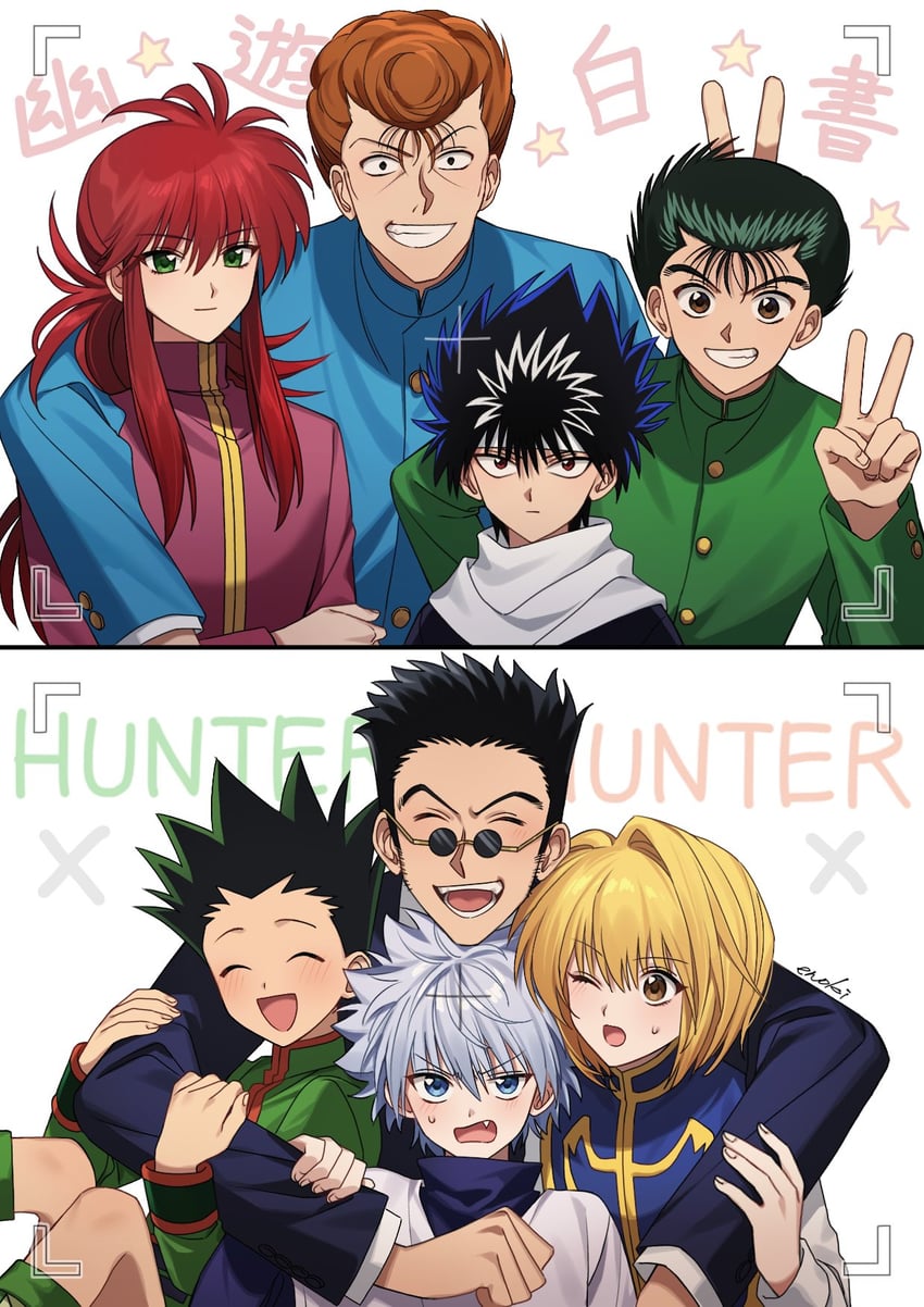 killua zoldyck, kurapika, gon freecss, leorio paladiknight, kurama, and 3 more (hunter x hunter and 1 more) drawn by enoki_3106