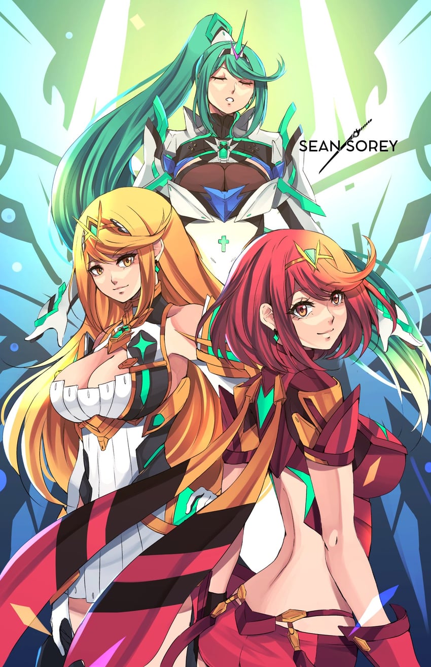 pyra, mythra, and pneuma (xenoblade chronicles and 1 more) drawn by sean_sorey