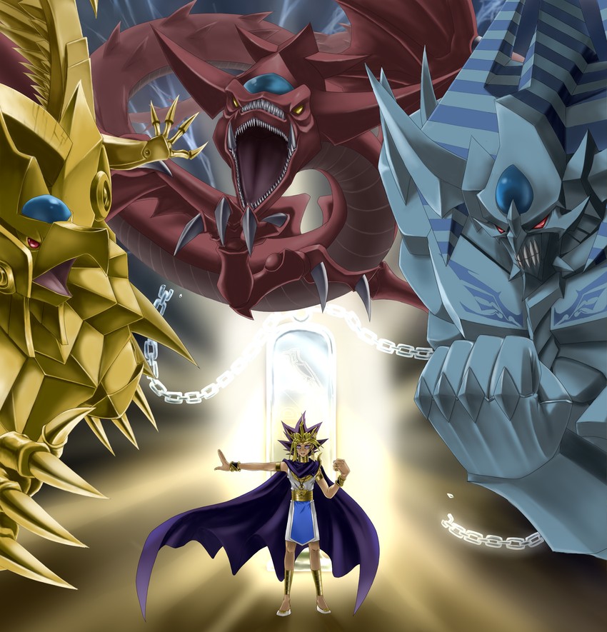 atem, osiris the sky dragon, the winged dragon of ra, and obelisk the tormentor (yu-gi-oh! and 1 more) drawn by soujin_hyouka