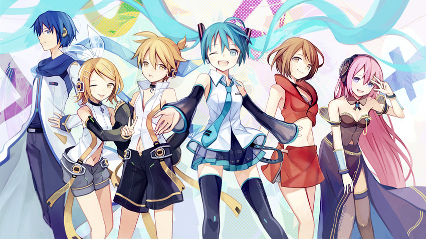 hatsune miku, kagamine rin, kagamine len, megurine luka, kaito, and 1 more (vocaloid) drawn by kari_kenji