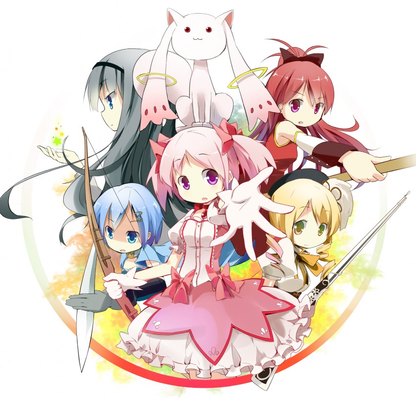 akemi homura, kaname madoka, miki sayaka, sakura kyoko, tomoe mami, and 1 more (mahou shoujo madoka magica) drawn by sunyukun
