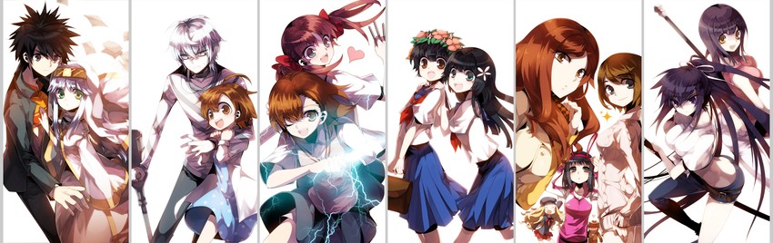 misaka mikoto, shirai kuroko, kamijou touma, accelerator, saten ruiko, and 10 more (toaru majutsu no index and 2 more) drawn by asamiyajy