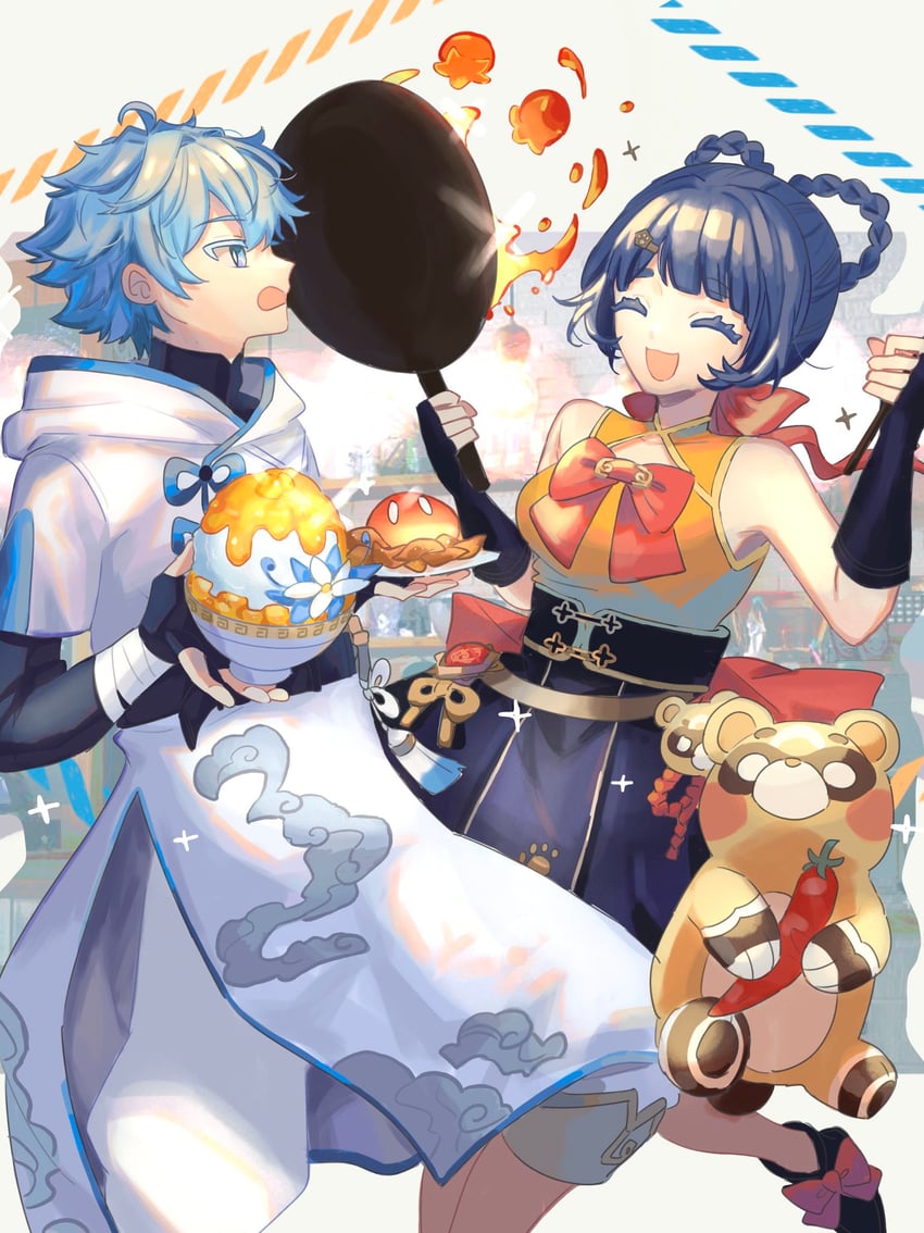 slime, chongyun, xiangling, and guoba (genshin impact) drawn by uzubi