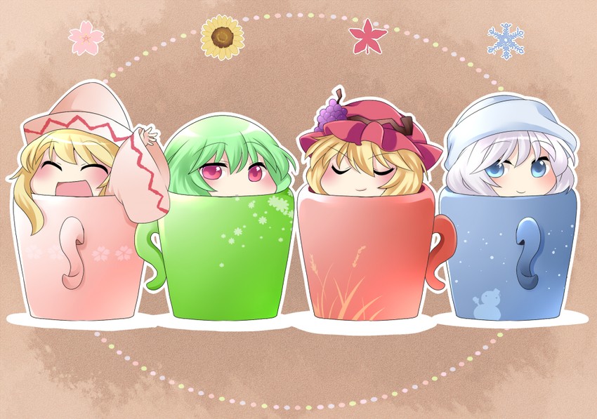 kazami yuuka, aki minoriko, letty whiterock, and lily white (touhou) drawn by hammer_(sunset_beach)