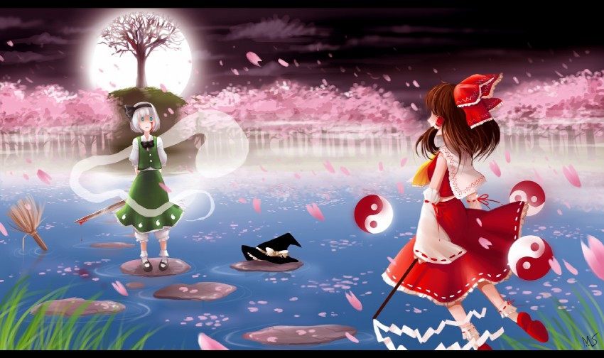 hakurei reimu, konpaku youmu, and saigyou ayakashi (touhou) drawn by khibz