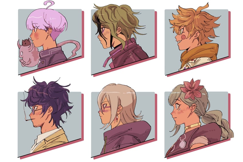 yuma kokohead, shinigami, halara nightmare, vivia twilight, desuhiko thunderbolt, and 2 more (master detective archives: rain code) drawn by gojuu-san