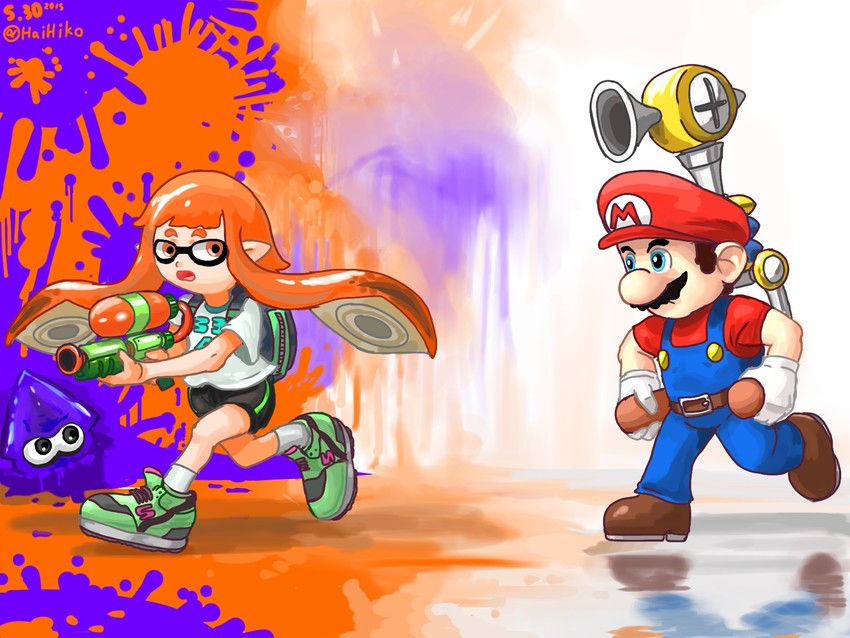 inkling player character, inkling girl, mario, and f.l.u.d.d. (splatoon and 5 more) drawn by hai_to_hickory