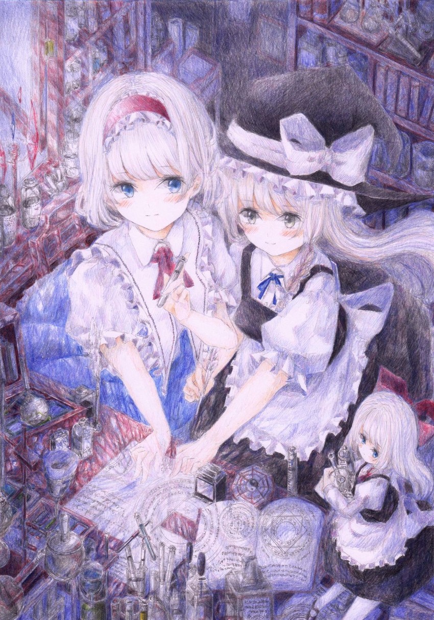 kirisame marisa, alice margatroid, and shanghai doll (touhou) drawn by darkkanan