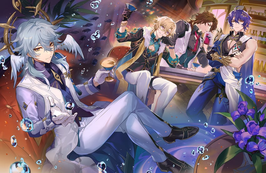 aventurine, sunday, dr. ratio, and gallagher (honkai and 1 more) drawn by darkavey