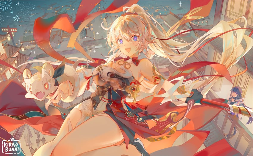 kiana kaslana, raiden mei, and rice cake (honkai and 1 more) drawn by kirabunni