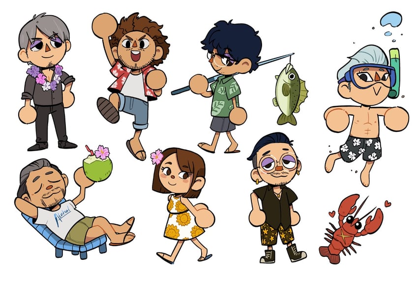 kiryu kazuma, kasuga ichiban, zhao tianyou, mukoda saeko, adachi koichi, and 2 more (ryuu ga gotoku and 1 more) drawn by jazzy_lea