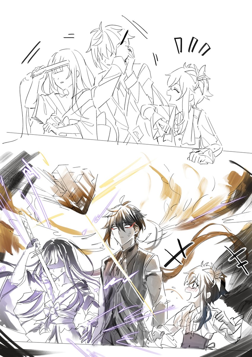 raiden shogun, zhongli, and venti (genshin impact) drawn by boo_1