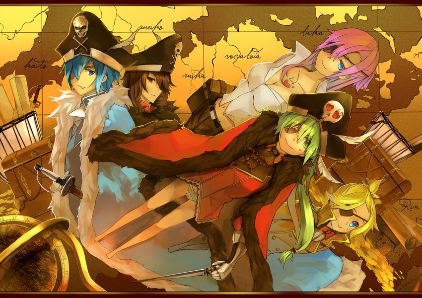 hatsune miku, kagamine len, megurine luka, kaito, and meiko (vocaloid) drawn by saberiii