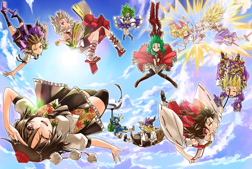 hakurei reimu, kirisame marisa, kochiya sanae, yakumo yukari, shameimaru aya, and 6 more (touhou) drawn by abo_(hechouchou)