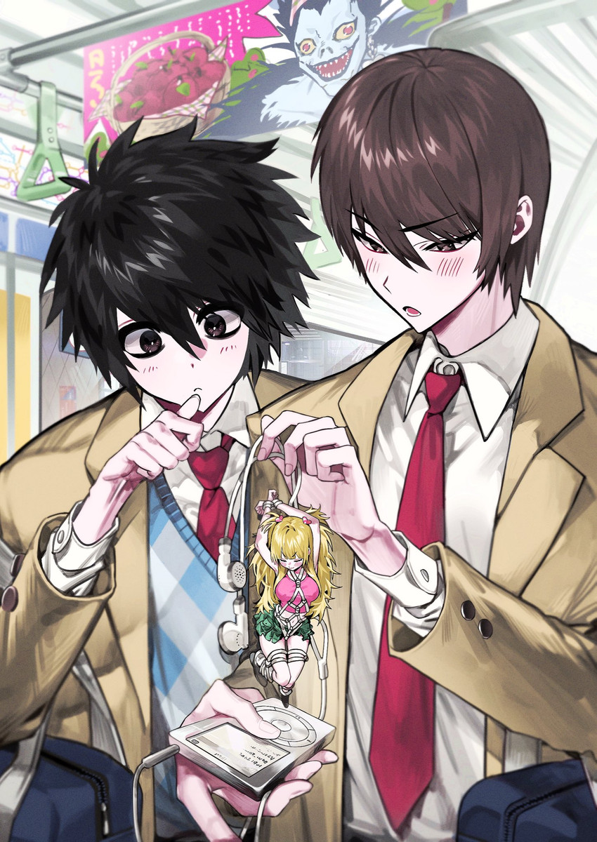 yagami light, l, amane misa, and ryuk (death note) drawn by 2pineapplepizza