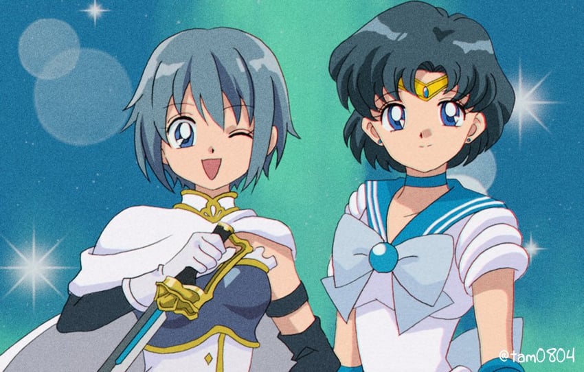 miki sayaka, mizuno ami, and sailor mercury (mahou shoujo madoka magica and 1 more) drawn by tam_(tam0804)