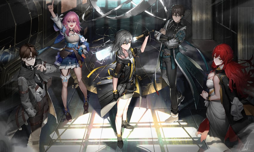 trailblazer, stelle, march 7th, dan heng, himeko, and 1 more (honkai and 1 more) drawn by chanism!