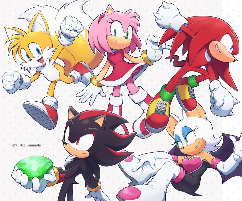 shadow the hedgehog, amy rose, rouge the bat, tails, and knuckles the echidna (sonic) drawn by show_chiku-by