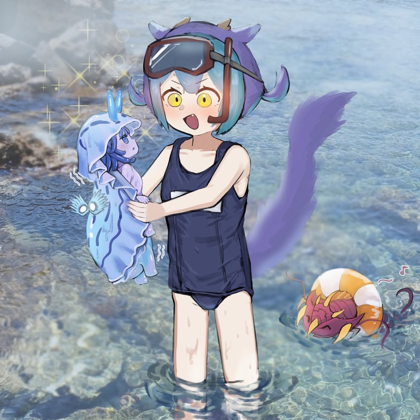 laundry dragonmaid, paleozoic dinomischus, and momyu the sea shadow spirit (yu-gi-oh! and 2 more) drawn by wa_tsuji