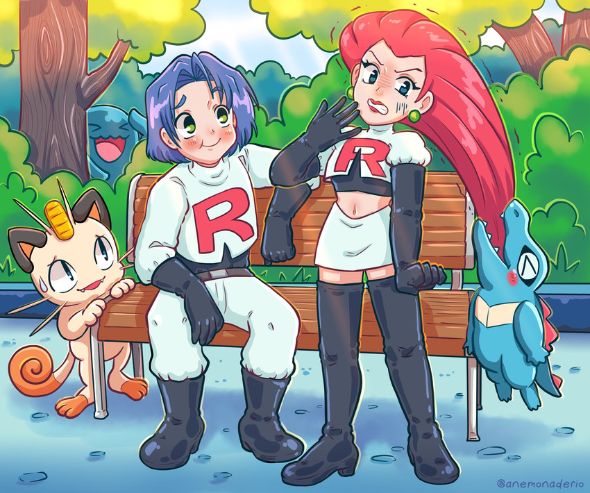 jessie, james, meowth, totodile, and wobbuffet (pokemon) drawn by anemonaderio