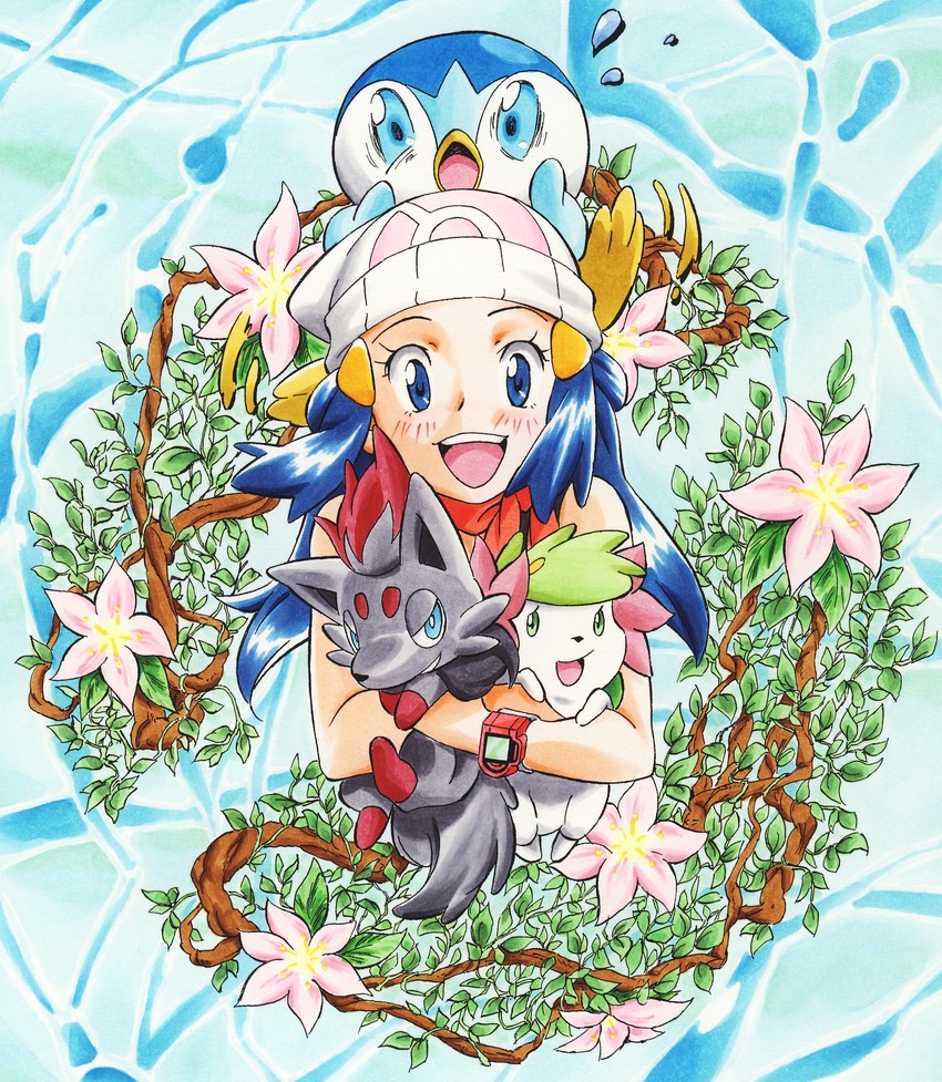 dawn, piplup, shaymin, and zorua (pokemon) drawn by gensei-225