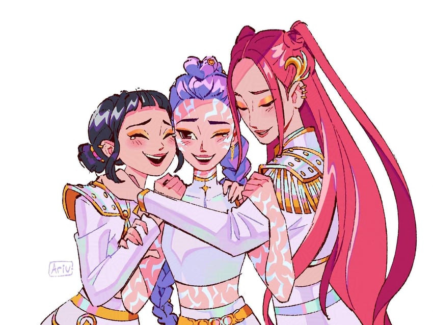 rumi, zoey, and mira (kpop demon hunters) drawn by ari_vsart
