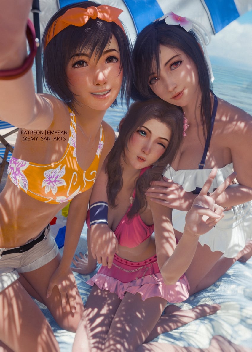tifa lockhart, aerith gainsborough, and yuffie kisaragi (final fantasy and 3 more) drawn by emy-san