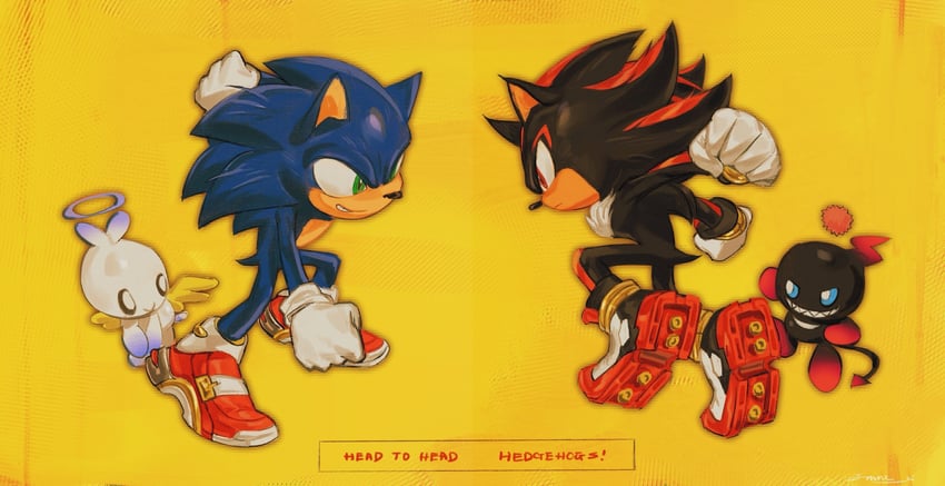 sonic the hedgehog, shadow the hedgehog, dark chao, and hero chao (sonic and 1 more) drawn by frune_ei01