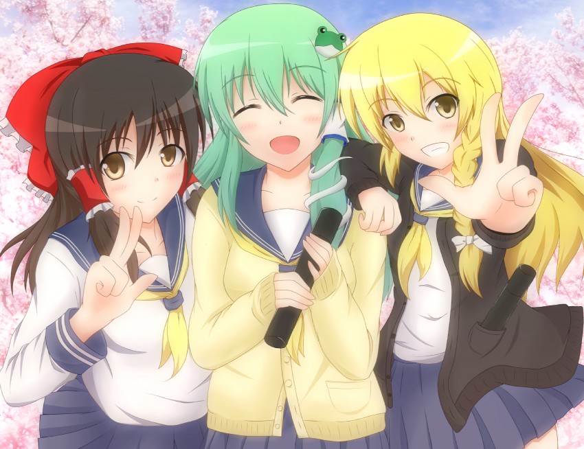 hakurei reimu, kirisame marisa, and kochiya sanae (touhou) drawn by kochiya_hizuki