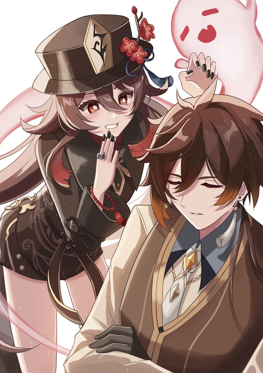 hu tao, zhongli, and boo tao (genshin impact) drawn by biska0211