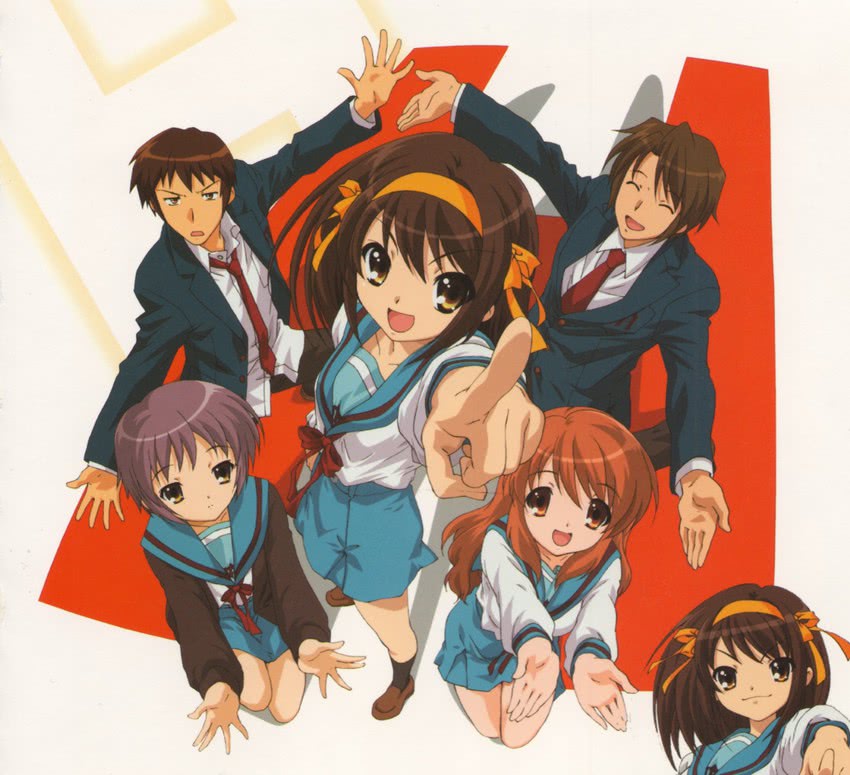 suzumiya haruhi, nagato yuki, asahina mikuru, kyon, and koizumi itsuki (suzumiya haruhi no yuuutsu)