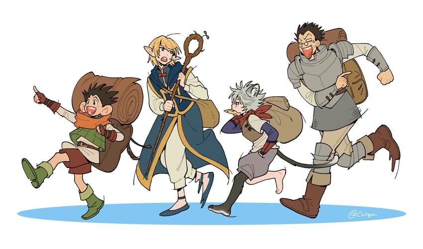 marcille donato, laios touden, chilchuck tims, killua zoldyck, kurapika, and 3 more (dungeon meshi and 1 more) drawn by coliqo