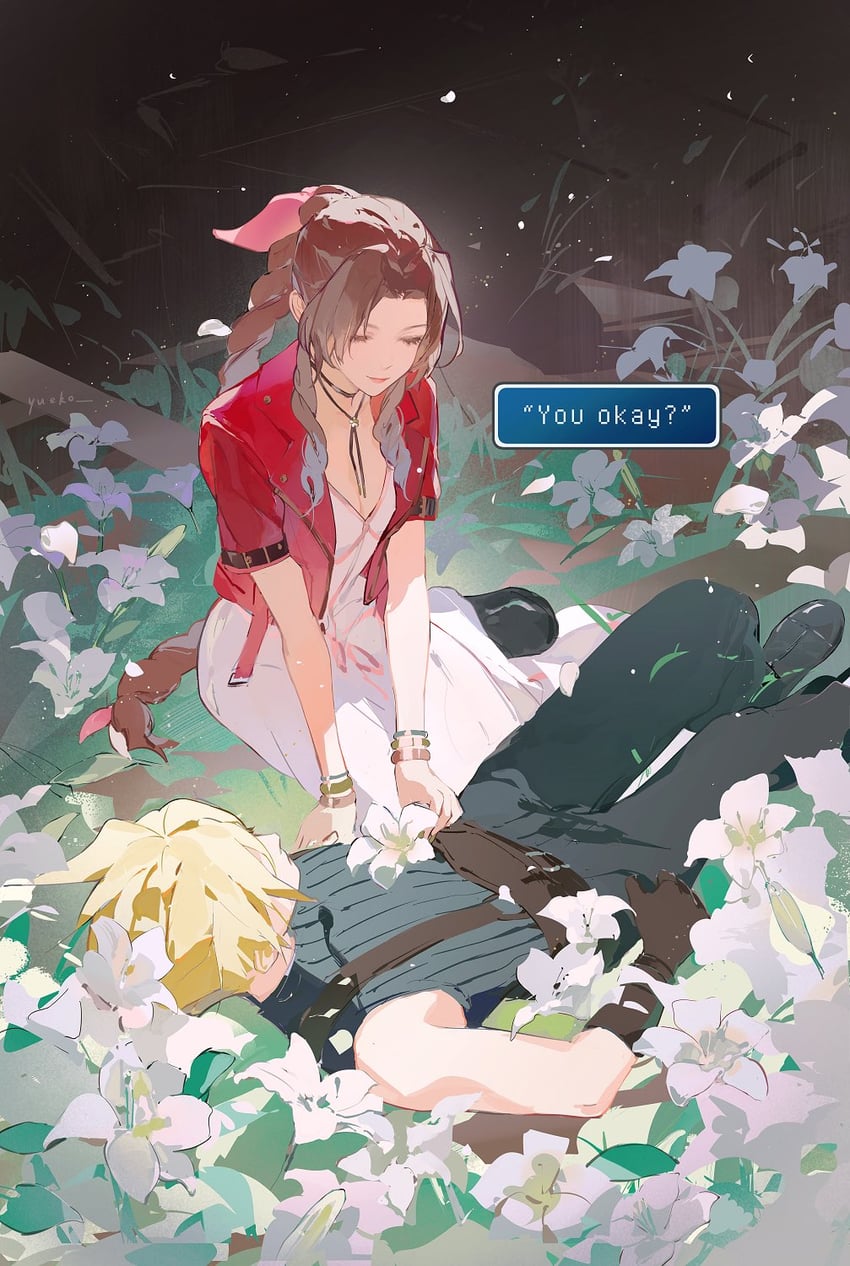 cloud strife and aerith gainsborough (final fantasy and 2 more) drawn by yueko_(jiayue_wu)