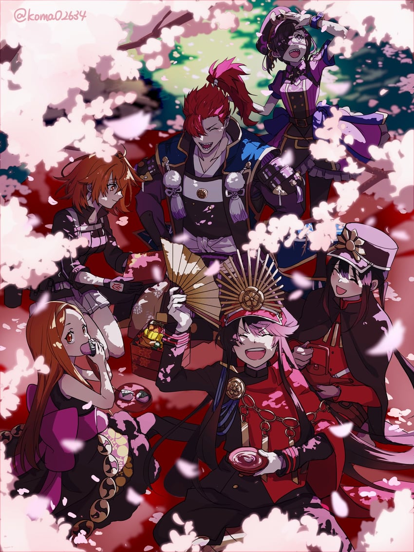 fujimaru ritsuka, oda nobunaga, oda nobukatsu, chacha, mori nagayoshi, and 1 more (fate and 1 more) drawn by koma02634
