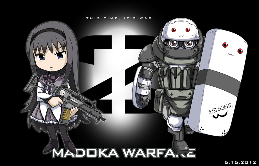 akemi homura, kyubey, and juggernaut (mahou shoujo madoka magica and 2 more) drawn by tachiwani