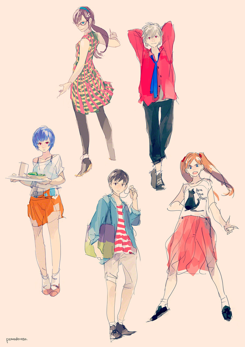 souryuu asuka langley, ayanami rei, ikari shinji, nagisa kaworu, and makinami mari illustrious (neon genesis evangelion and 1 more) drawn by pomodorosa