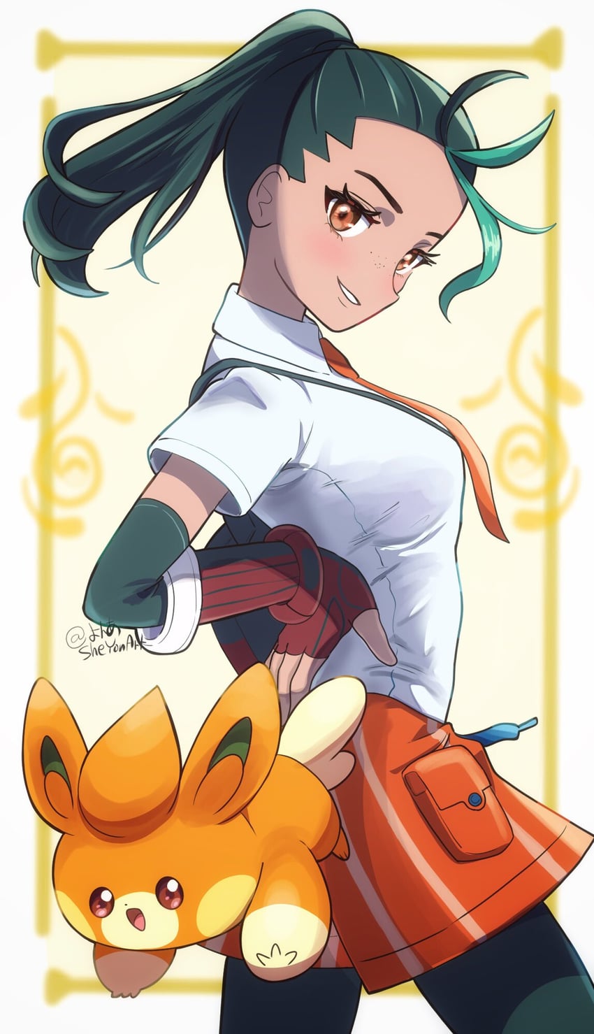 nemona and pawmi (pokemon and 1 more) drawn by sheyona