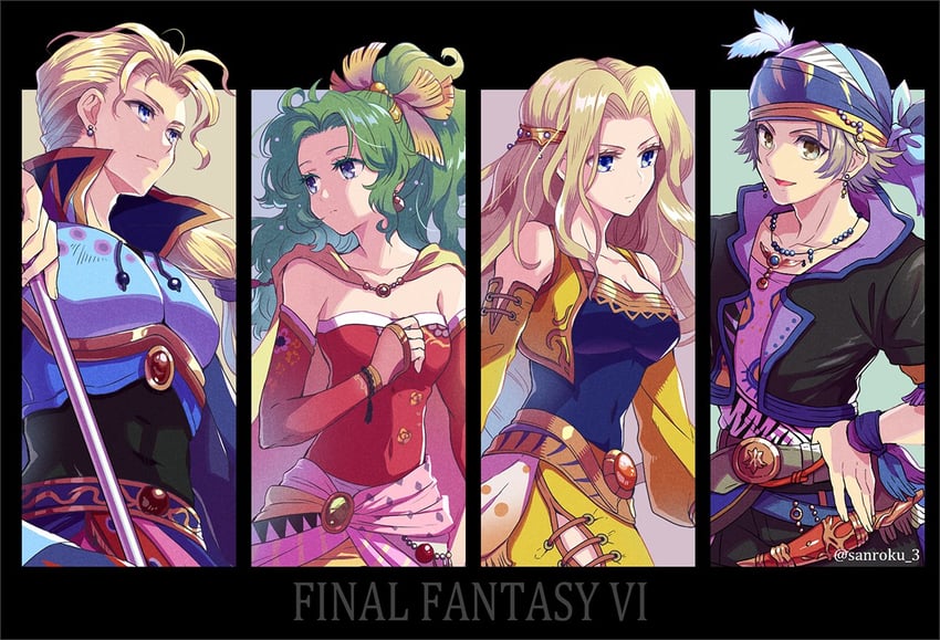 terra branford, celes chere, locke cole, and edgar roni figaro (final fantasy and 1 more) drawn by sanroku_3